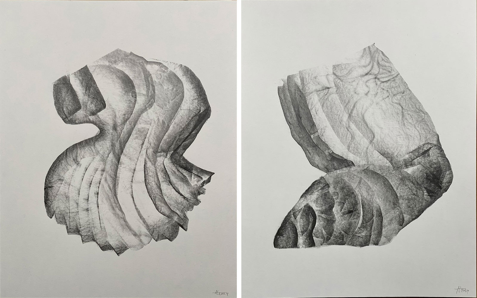 Left: Hera Büyüktaşcıyan, 'The Limbs of an Internal Wind', Frottage and drawings with graphite on paper; wool, silk thread, paper cut out, graphite , 35 x 27 cm, 2024Right: Hera Büyüktaşcıyan, 'The Limbs of an Internal Wind', Frottage and drawings with graphite on paper; wool, silk thread, paper cut out, graphite , 35 x 27 cm, 2024