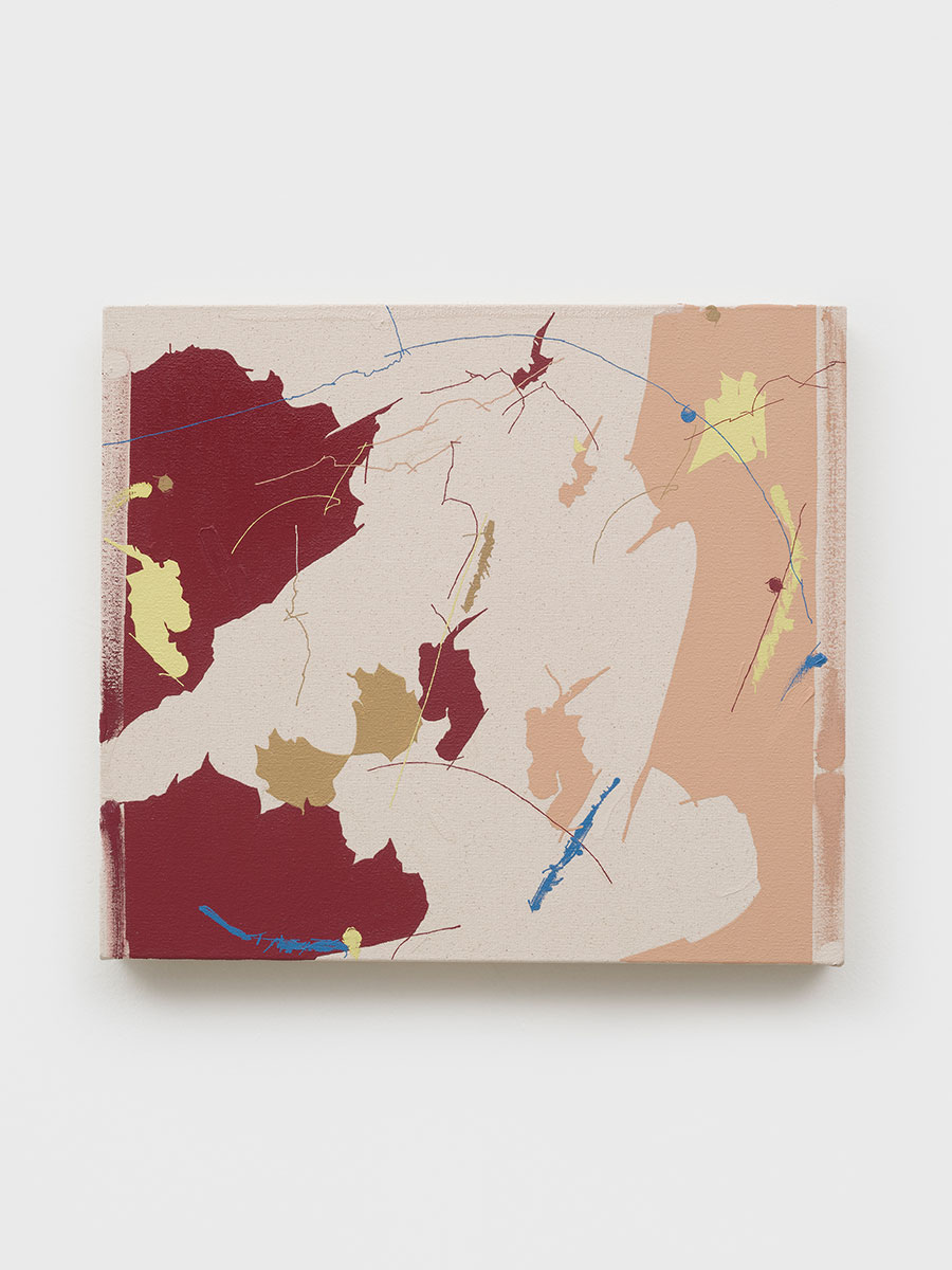 Maysha Mohamedi, Born Again in 1369, 2024, oil on canvas, 15" × 17" × 1-1/2" (38.1 cm × 43.2 cm × 3.8 cm), © Maysha Mohamedi, Courtesy the artist and Pace Gallery