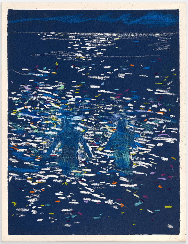 Raffi Kalenderian, Bathers, 2023-2024, Acrylic and colored pencil on paper, 32 x 25 cm (12.5 x 9 .75 in.), 42 x 33 cm (16 ½ x 13 in.), framed, © Raffi Kalenderian, Courtesy the artist and Galerie Peter Kilchmann