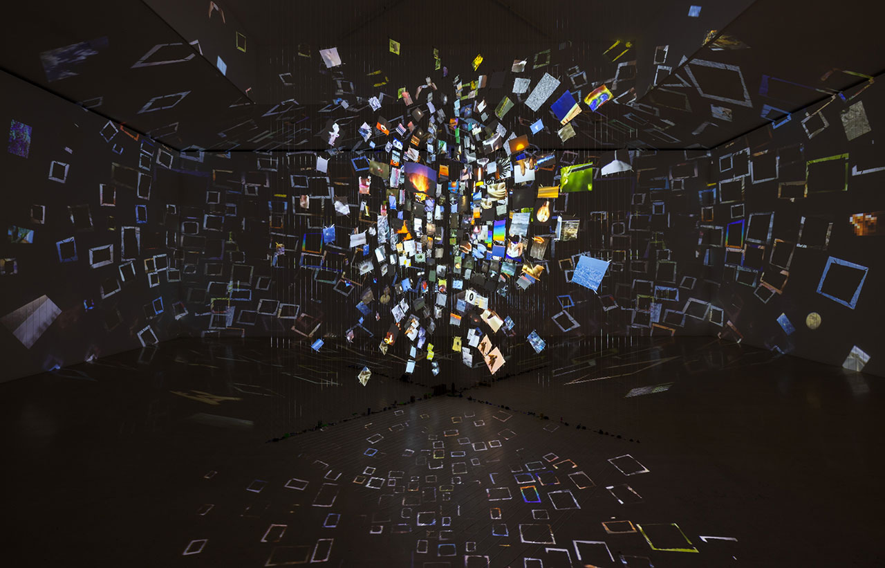 Sarah Sze, Pictures at an Exhibition, 2023, Mixed media, paper, clamps, string, and stones, Overall dimensions variable, © Sarah Sze, Courtesy the artist and Gagosian