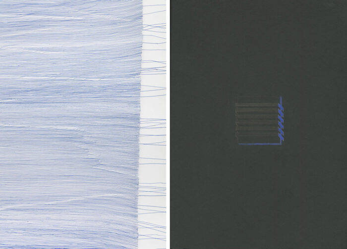 Photo left: Ulla Hase, Multiple silences, 2023, Rollerpen on paper, © Ulla Hase, Courtesy the artist and Boghossian Foundation. Photo right: Younes Zarhoni, What do we see when we see black // WDWSWWSB, 2023, Colored pencils, pastels and ink on paper, © Younes Zarhoni, Courtesy the artist and Boghossian Foundation