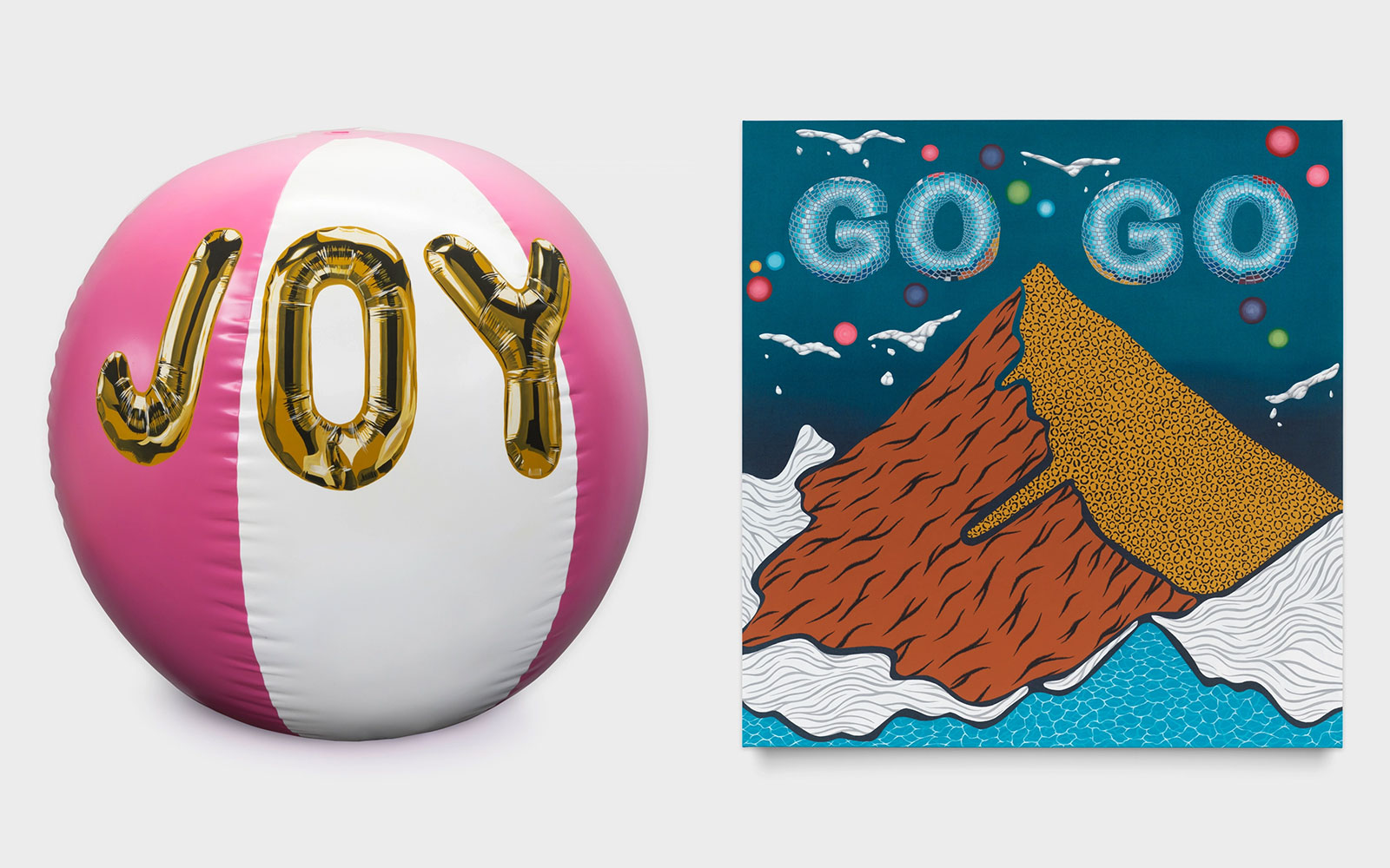 Left: Joel Mesler, Untitled (Love Joy), 2023, Acrylic and enamel on cast bronze, 24⅞ × 28½ × 28½ inches (63.2 × 72.4 × 72.4 cm), © Joel Mesler, Courtesy the artist and Lévy Gorvy Dayan GalleryRight: Joel Mesler, Untitled (Go Go), 2024, Pigment on linen, 76 × 72 inches (193 × 182.9 cm), © Joel Mesler, Courtesy the artist and Lévy Gorvy Dayan Gallery