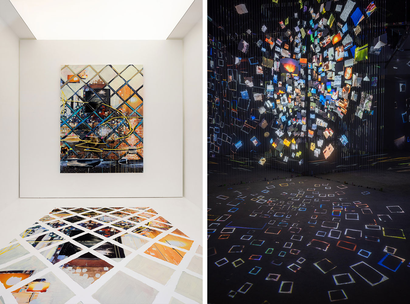 Left: Sarah Sze, Pictures at an Exhibition, 2024, installation view, © Sarah Sze, Photo: Andrea Rossetti, Courtesy the artist and GagosianRight: Sarah Sze, Pictures at an Exhibition, 2023, Mixed media, paper, clamps, string, and stones, Overall dimensions variable, © Sarah Sze, Courtesy the artist and Gagosian