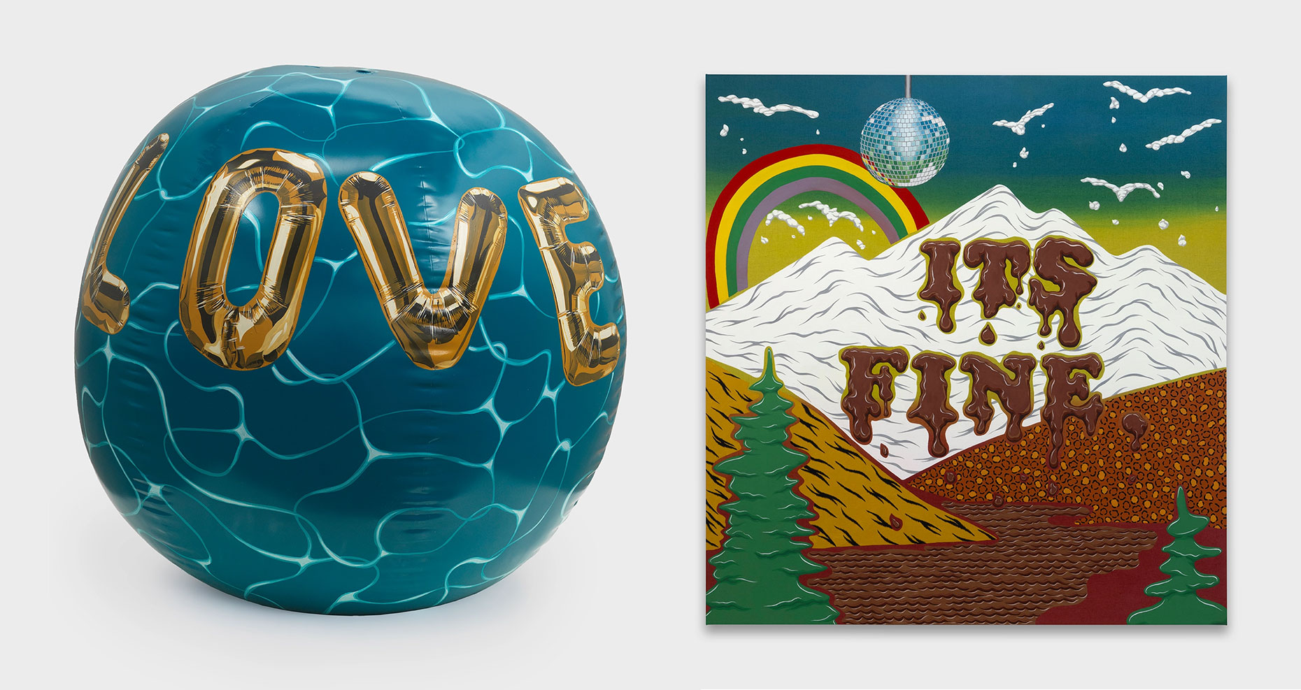 Left: Joel Mesler, Untitled (I Love U), 2024, Acrylic and enamel on cast bronze, 24⅞ × 28½ × 28½ inches (63.2 × 72.4 × 72.4 cm), © Joel Mesler, Courtesy the artist and Lévy Gorvy Dayan GalleryRight: Joel Mesler, Untitled (Its Fine), 2024, Pigment on linen, 78 × 72 inches (198.1 × 182.9 cm), © Joel Mesler, Courtesy the artist and Lévy Gorvy Dayan Gallery
