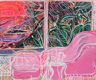 Thomas Houseago, Treehouse Sunset (my bedroom), 2024, Acrylic on canvas, 19 7/8 x 24 x 2 1/4 inches, Photo: Hannah Mjølsnes, © Thomas Houseago, Courtesy the artist and Blum Gallery
