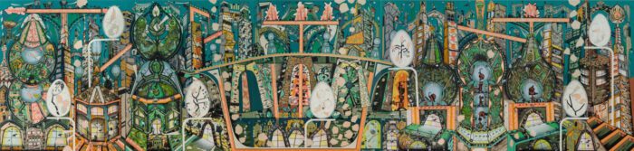 Lari Pittman, Sparkling City With Egg Monuments, 2022, Acrylic and spray paint over gessoed canvas over wood panel, 5 panels, each: 96 x 80 inches, 243.8 x 203.2 cm, Overall: 96 x 400 inches, 243.8 x 1016 cm, © Lari Pittman, Courtesy the artist Lehmann Maupin Gallery and Long Museum
