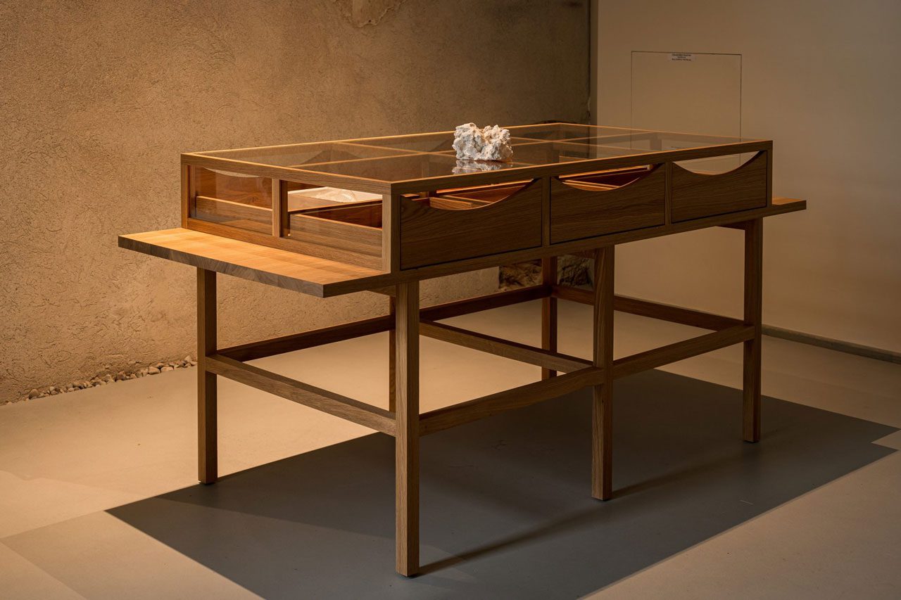 Domas Noreika. The Conservator’s Imagination Desk, 2024. Various natural materials, oak wood, glass. Dimensions variable. Photographer: Andrej Vasilenko