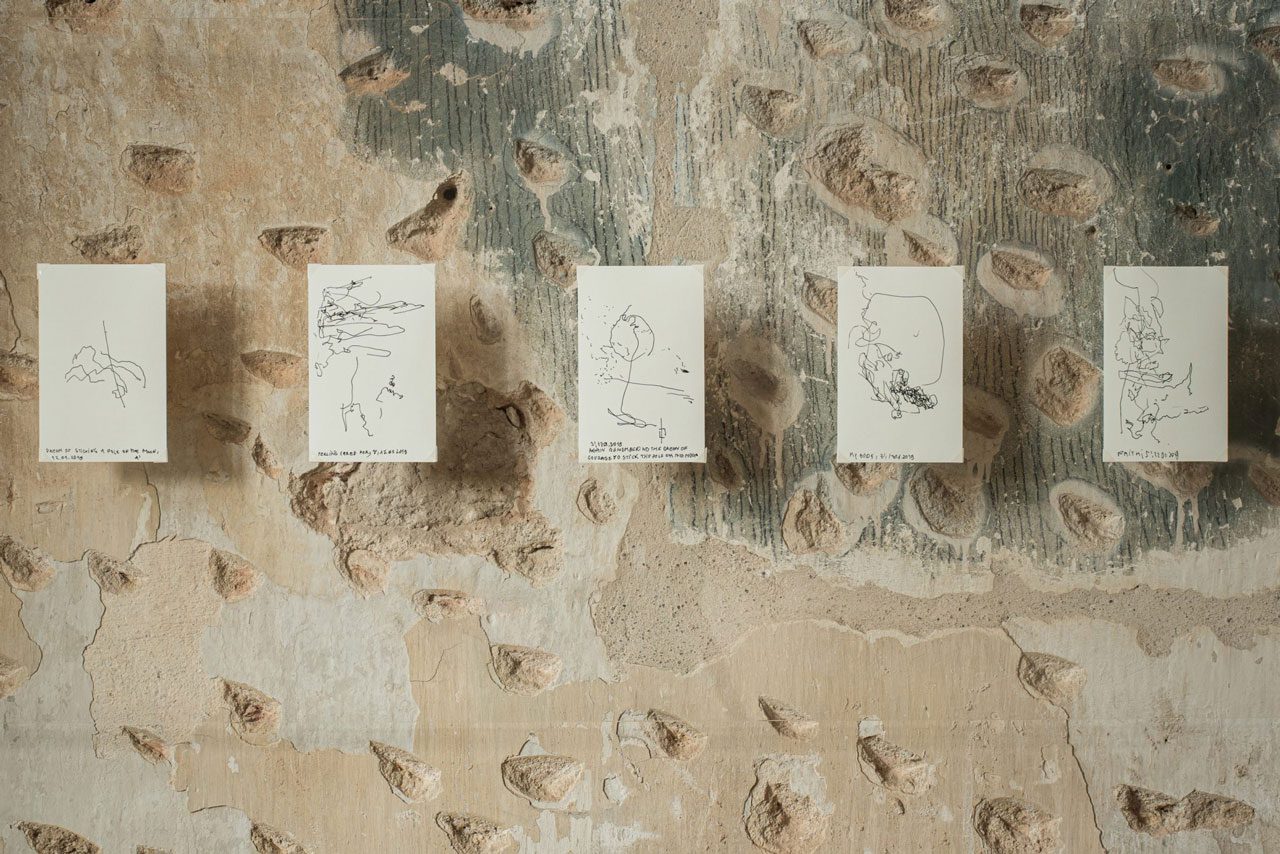 Alina Popa. From the series Square of Will in Square of Love, 2018–2019. Drawings made with eyes closed in notebooks lying across the artist’s chest, 14 × 9 cm (facsimiles). Photographer: Andrej Vasilenko
