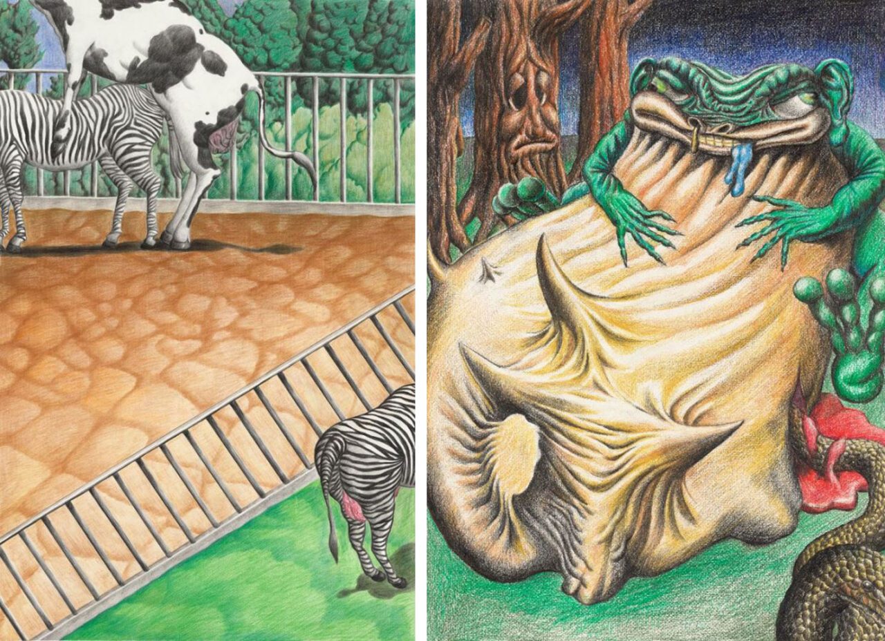 Left: Chen Sixin, Hybrid, 2023, colored pencil on paper, 77 x 49 cm (framed), © Chen Sixin, Courtesy the artist and Galerie Urs Meile Right: Chen Sixin, Gulp, 2023, colored pencil on paper, 53 x 38 cm (framed), © Chen Sixin, Courtesy the artist and Galerie Urs Meile