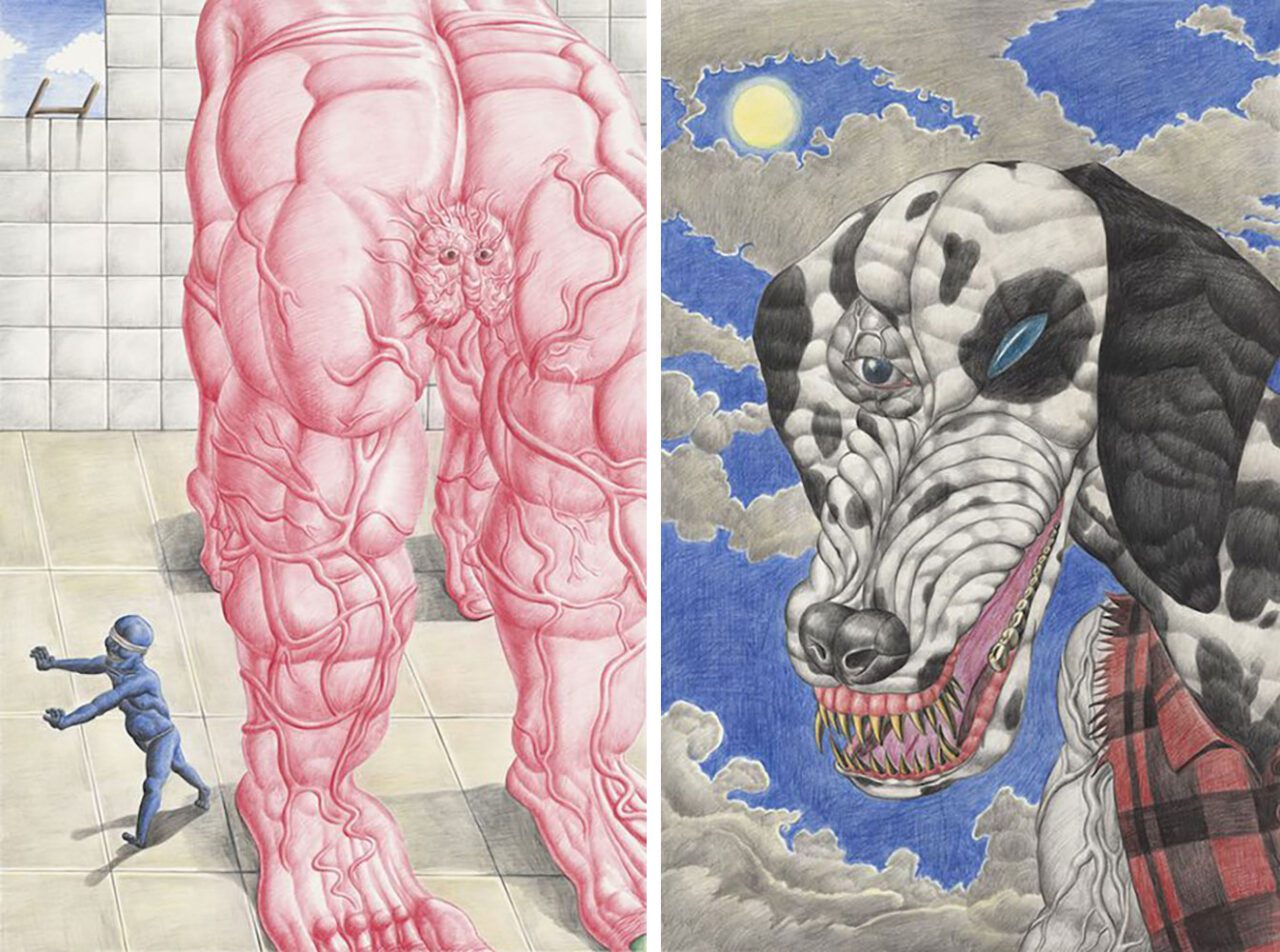 Left: Chen Sixin, Elefant, 2023, colored pencil on paper, 82.5 x 55.5 cm (framed), © Chen Sixin, Courtesy the artist and Galerie Urs Meile Right: Chen Sixin, Werewolf (Damachi), 2023, colored pencil on paper, 76 x 49.5 cm (drawing), 77 x 50 cm (framed), © Chen Sixin, Courtesy the artist and Galerie Urs Meile