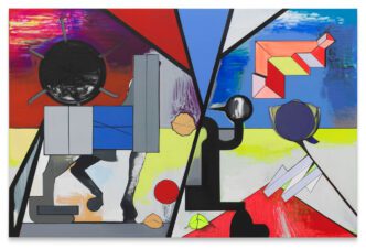 Thomas Scheibitz, Verdacht, 2024, Oil, vinyl and pigment marker on canvas, 250 x 380 cm | 98 3/8 x 149 5/8 inches, © Thomas Scheibitz, Courtesy the artist and Sprüth Magers Gallery