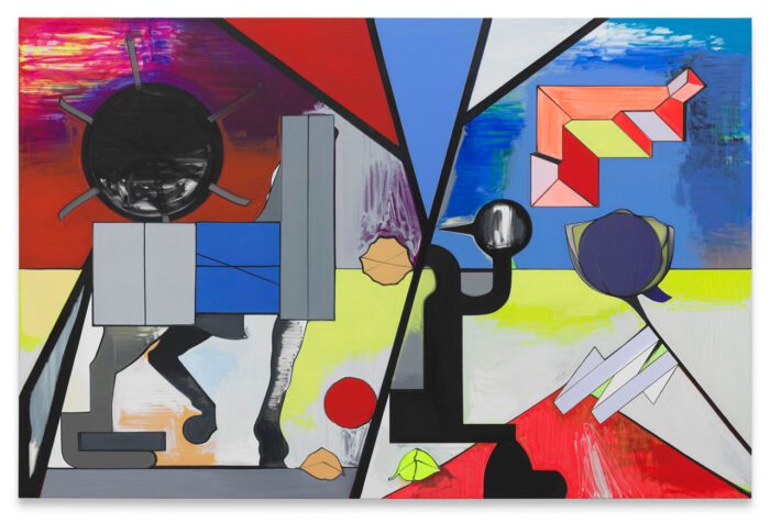 Thomas Scheibitz, Verdacht, 2024, Oil, vinyl and pigment marker on canvas, 250 x 380 cm | 98 3/8 x 149 5/8 inches, © Thomas Scheibitz, Courtesy the artist and Sprüth Magers Gallery