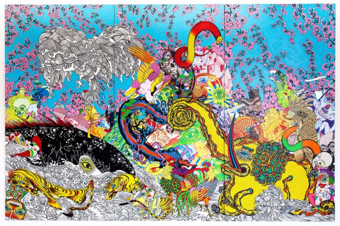 Keiichi Tanaami, Elephant and Whale in Cherry Blossom Falling Day, 2012. Acrylic paint on canvas, 200 x 300 cm (triptych) ©Keiichi Tanaami. Courtesy of NANZUKA