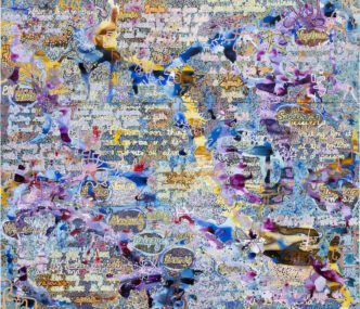 Alexandra Grant, The Spark, Cosmos V, (excerpted from Olga Tokarczuk’s, “Prowadź swój pług przez kości umarłych” 2009), 2024, Silk screen, colored pencil, acrylic paint, acrylic ink and sumi ink on paper, 390 × 450 cm, © Alexandra Grant, Courtesy the artist and Carlier|Gebauer Gallery