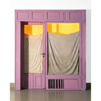 Christo, Purple Store Front, 1964, Wood, enamel paint, acrylic glas, fabric, acrylic paint, paper, wire mesh, door handle and lock, screws, nails, LED light, 235,3 x 220,3 x 34,9 cm, © 2024/2025 ProLitteris, Zürich Creditline: Christo and Jeanne-Claude Foundation Photo Credit: Wolfgang Volz