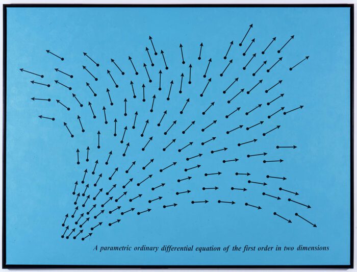 Bernar Venet. Related to: “Parametric Ordinary Differential Equation of the First Order in Two Dimensions”. 2000. Acrylic on canvas, varnished. @ ADAGP Paris. Publicity photo