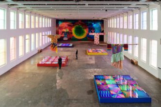 Installation view of Jeffrey Gibson: POWER FULL BECAUSE WE’RE DIFFERENT, MASS MoCA, North Adams, MA 2024-25. Courtesy of the artist, made with MASS MoCA. Photo: Tony Luong