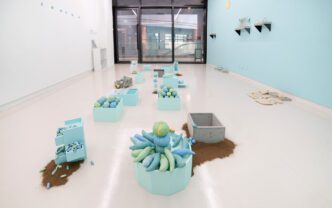 Kim Jin, Love, Potato, Labor, 2022, Porcelain clay (slip-casting, liquid gold, stain), painted plywood, concrete, plexiglass, stainless steel, Dimensions variable, Courtesy of the Artist