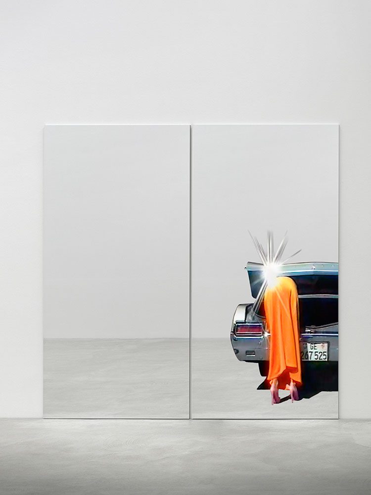 Sylvie Fleury, Vanity Case, 2024, Digital print on mirrored aluminium dibond, Each panel 250 x 250 x 3,3 cm (98,43 x 98,43 x 1,3 in, © Sylvie Fleury, Courtesy Thaddaeus Roppac Gallery Archive
