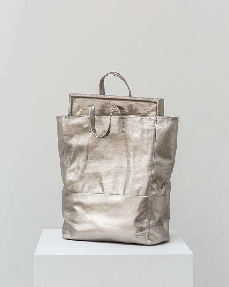 Sylvie Fleury, Celine Bag, 2017, Bronze, palladium leaves, 44 x 33 x 15 cm (17,3 x 13 x 5,9 in), Photo: Philippe Servent, © Sylvie Fleury, Courtesy Thaddaeus Roppac Gallery Archive
