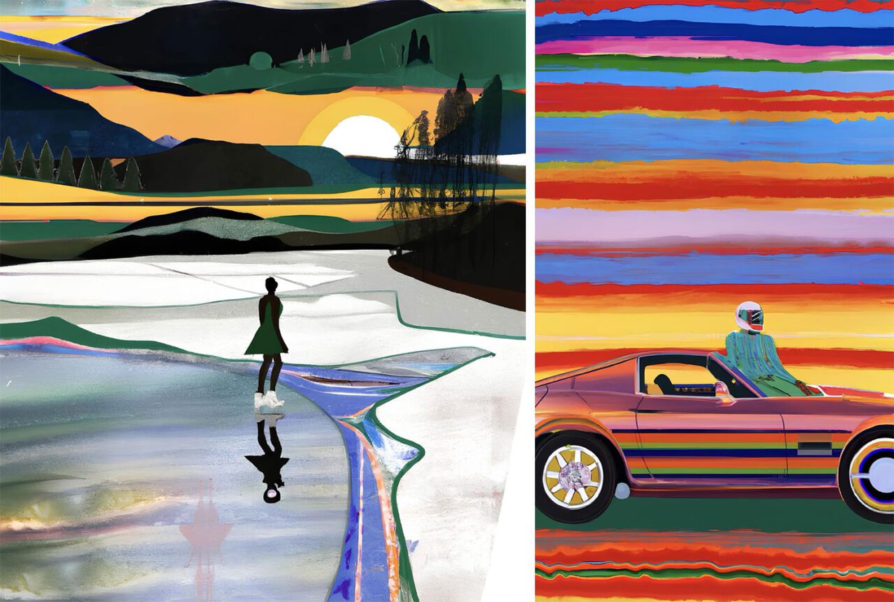Left: Jordan Watson, Night Skate, oil on canvas, 2023, 103 x 80 in. Courtesy the ArtistRight: Jordan Watson, Lick the stamp and send it, 2023, oil on canvas, 80 x 133 in. Courtesy the Artist