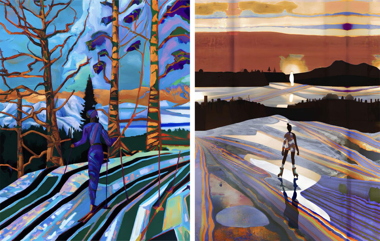 Left: Jordan Watson, Not like the rest, 2023, oil on canvas, 81.8 x 102.9_in. Courtesy the ArtistRight: Jordan Watson, Night Skate, oil on canvas, 2023, 103 x 80 in. Courtesy the Artist
