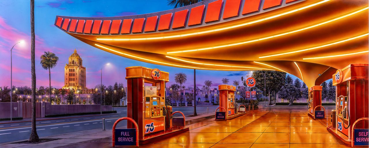 Alex Israel, Gas Station, 2024, Acrylic on canvas, 54 x 134 inches (137.2 x 340.4 cm), © Alex Israel, Photo: Josh White, Courtesy Gagosian