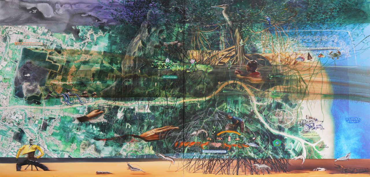 Kei Imazu, When Facing the Mud (Response of Shrimp Farmers in Sidoarjo), 2022, oil, acrylic, mud, UV print on canvas, 194 x 388 cm, Private Collection, courtesy of The Artist and ROH