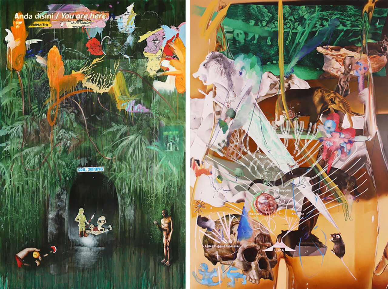 Left: Kei Imazu, Anda Disini (You are here), 2024, oil on canvas, 300 x 200 cm, Collection of the Artist, courtesy of The Artist and ROHRight: Kei Imazu, Last Universal Common Ancestor, 2022, oil on canvas, 201 x 135.5 cm, Obayashi Collection, photo: Mishima Ichiro, courtesy of The Artist and ANOMALY