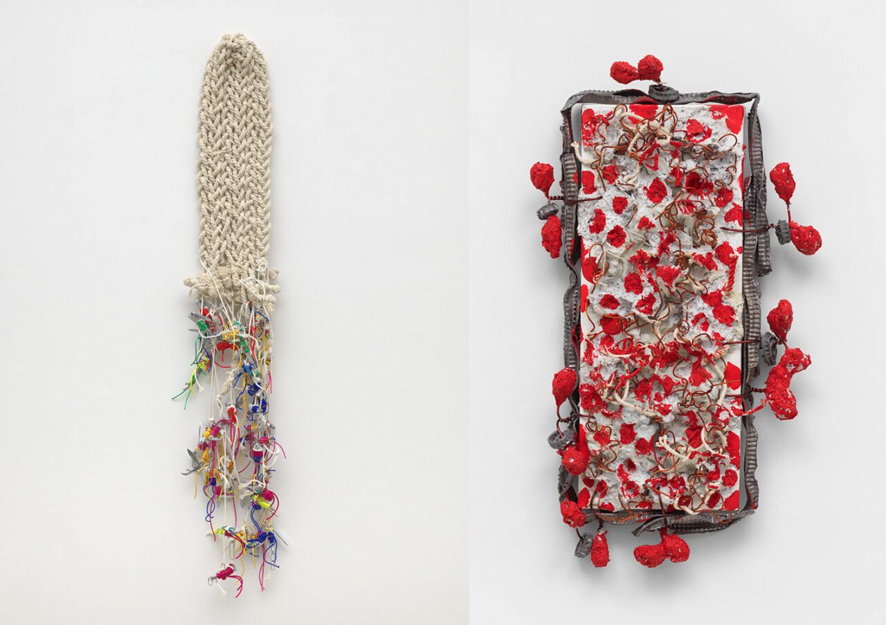 Left: Hassan Sharif, Lead No. 2, 2014. Mixed media. 25 1/2 x 13 x 2 3/4 in (64.8 x 33 x 7 cm) – Courtesy Estate of Hassan Sharif and Alexander Gray Associates GalleryRight: Hassan Sharif, Lead No. 2, 2014 (detail). Mixed media. 25 1/2 x 13 x 2 3/4 in (64.8 x 33 x 7 cm) – Courtesy Estate of Hassan Sharif and Alexander Gray Associates Gallery