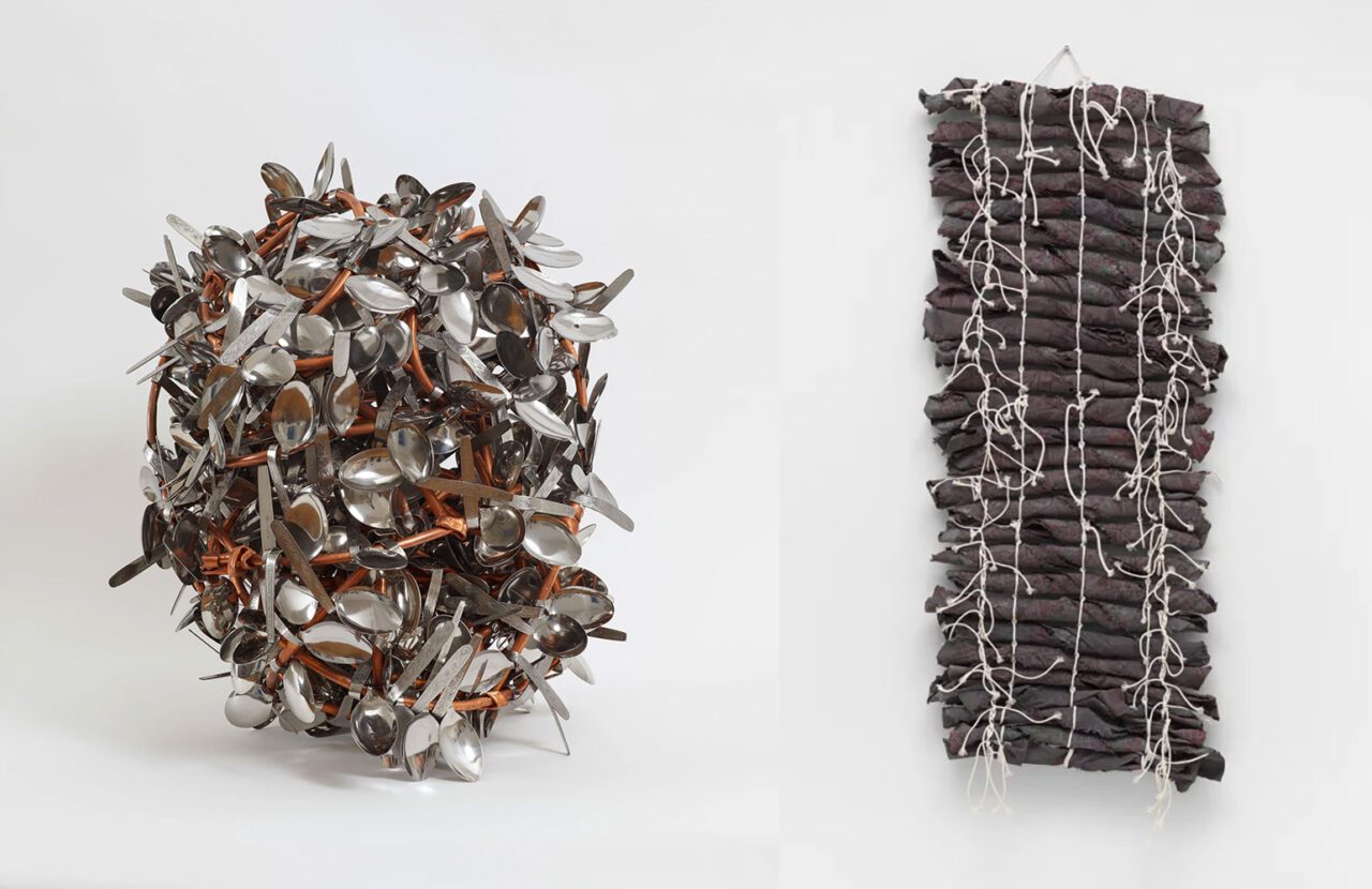 Left: Hassan Sharif, Spoons 2, 2008. Stainless steel and copper. 39 2/8 x 27 4/8 x 39 2/8 in (100.01 x 70.01 x 100.01 cm) – Courtesy Estate of Hassan Sharif and Alexander Gray Associates Gallery Right: Hassan Sharif, Rug, Cotton Rope and Glue, 2013. Mixed media. 59 3/4 x 27 1/2 x 2 3/8 in (151.8 x 69.8 x 6 cm) – Courtesy Estate of Hassan Sharif and Alexander Gray Associates Gallery