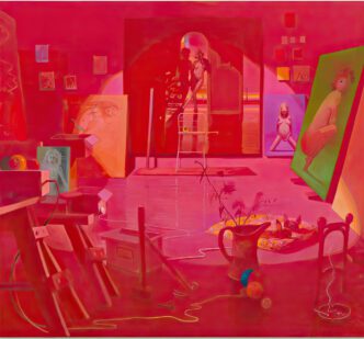 Lisa Yuskavage , Pink Studio (Rendezvous), 2021, Oil on linen, 70 x 77 inches (177.8 x 195.6 cm), Signed and dated verso, © Lisa Yuskavage, Courtesy the artist and David Zwirner Gallery