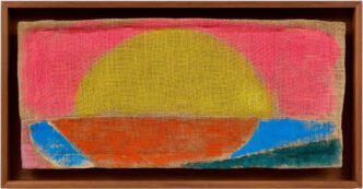 Alvaro Barrington, NHC 2024/Mangrove Sunset (L10), 2024. Acrylic and Flashe on burlap in cedar wood frame. 43 x 93 cm (16.93 x 36.61 in), © Alvaro Barrington, Courtesy the artist and Galerie Thaddaeus Ropac