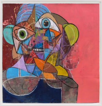 George Condo, Abstract Male Portrait, 2024, Acrylic, pastel and metallic paint on paper, 203.2 x 198.1 cm / 80 x 78 in, 215.3 x 210.5 x 7 cm / 84 3/4 x 82 7/8 x 2 3/4 in (framed), © George Condo, Photo: Matt Grubb, Courtesy the artist and Hauser & Wirth Gallery