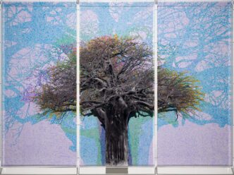 Charles Gaines, Numbers and Trees: Tanzania Series 1, Baobab, Tree #4, Maasai, 2024, Acrylic sheet, acrylic paint, photograph, 3 parts, 241.3 x 335.9 x 14.6 cm / 95 x 132 1/4 x 5 3/4 in, Photo: Fredrik Nilsen, © Charles Gaines, Courtesy the artist and Hauser & Wirth