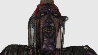 Tau Lewis, The Night Woman (detail), 2024, Steel, enamel paint, acrylic paint and finisher, repurposed leather, suede, fur, shagreen, assorted fabric, leather, natural dyes, cow bone, conch, Abalone shell, stones, jute, coated nylon thread, and coated cotton thread, 130 x 137 x 106 inches (330.2 x 348 x 269.2 cm), © Tau Lewis, Courtesy the artist and David Zwirner Gallery