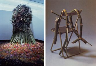 Photo left: Kosen Ohtsubo, リンガジャポニカ / Linga Japonica, Iris, soil, variety of branches and flowers, April, 1991; Photo: the artist. Photo right: Kosen Ohtsubo, しなやかな木 / Supple Trees, Chair, Chinese parasol tree, December, 1979, in: Ikebana Ryusei Magazine, February, 1980; Photo: Ryusei Photo Department