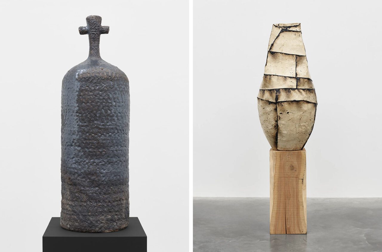 Left: Theaster Gates, Cross (James Chaney), 2023, High fire stoneware, manganese dioxide and brick slip, Edition 1 of 1, 101.5 x 32.5 x 32.5 cm |39 15/16 x 12 13/16 x 12 13/16 in., © Theaster Gates, Courtesy the artist and White Cube Gallery Right: Theaster Gates, White Vessel Study, 2024, Wood fired stoneware, rubber torch down and industrial oil-based enamel on ash plinth, Edition 1 of 1, 104 x 53.3 x 53.3 cm |40 15/16 x 21 x 21 in. , Plinth: 68 x 30 x 30 cm | 26 3/4 x 11 13/16 x 11 13/16 in., © Theaster Gates, Courtesy the artist and White Cube Gallery
