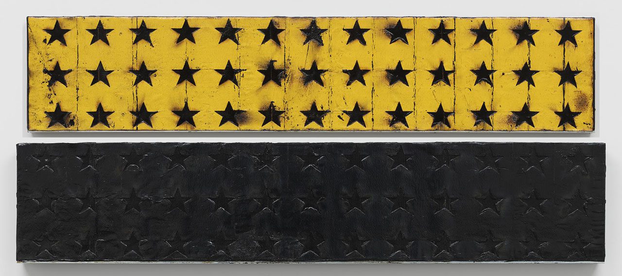 Up: Theaster Gates, Black Stars, Gold Sky, 2025, Industrial oil-based enamel, rubber torch down, bitumen, metal and wood, Edition 1 of 1, 62.5 x 307 x 12.5 cm |24 5/8 x 120 7/8 x 4 15/16 in., © Theaster Gates, Courtesy the artist and White Cube GalleryDown: Theaster Gates, Black Stars, 2025, Industrial oil-based enamel, rubber torch down, bitumen, metal and wood, Edition 1 of 1, 62.5 x 307 x 12.5 cm |24 5/8 x 120 7/8 x 4 15/16 in., © Theaster Gates, Courtesy the artist and White Cube Gallery
