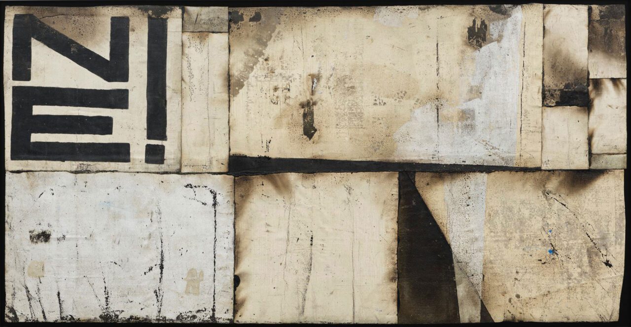 Theaster Gates, Mata Ne, 2024, Industrial oil-based enamel, rubber torch down and bitumen, Edition 1 of 1, 191.5 x 376 cm |75 3/8 x 148 1/16 in., 199 x 382.3 x 5 cm |78 3/8 x 150 1/2 x 1 15/16 in. (framed), © Theaster Gates, Courtesy the artist and White Cube Gallery