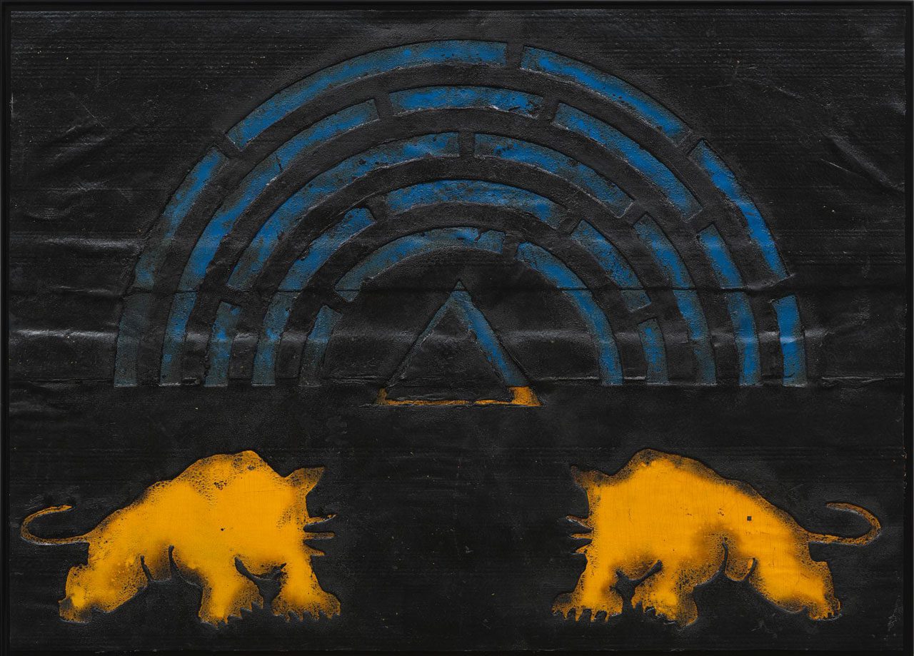 Theaster Gates, Two Panthers, A Rainbow and a Triangle, 2025, Industrial oil-based enamel, rubber torch down and bitumen, Edition 1 of 1, 152.4 x 213.36 cm |60 x 84 in., © Theaster Gates, Courtesy the artist and White Cube Gallery