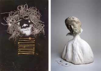 Photo left : David Hammons, Black Mohair Spirit, 1971, pigment, string, broom strands, beads, fathers, and butterfly wings on black paper, 59 × 41.2 × 4 cm (framed). Pinault Collection. © ADAGP, Paris, 2024. Photo right: Ali Cherri, L’Homme aux larmes, 2024, stone head sculpted in the 14th‑15th centuries, patinated silver, plaster, steel, 49 × 41 × 31 cm. Pinault Collection. Courtesy of the Imane Farès Gallery. Photo: Studio Ali Cherri