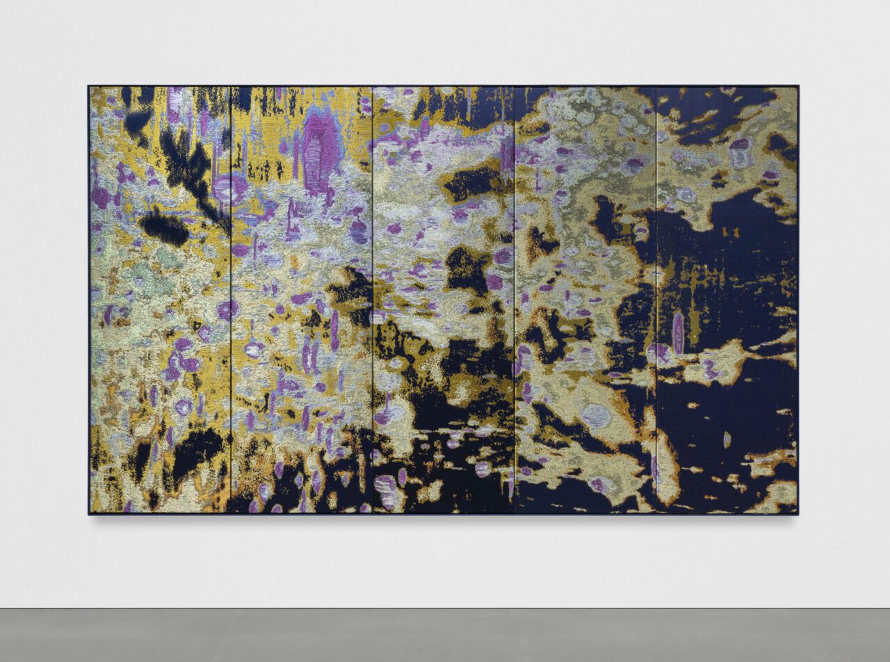 Leonor Serrano Rivas, Patrones de ritmo nº2, 2024, Jacquard tapestry composed of 5 woven panels, mounted on aluminum profile frames and inner wooden frame, 175 × 295 × 5 cm, © Leonor Serrano Rivas, Courtesy the artist and carlier | Gebauer Gallery