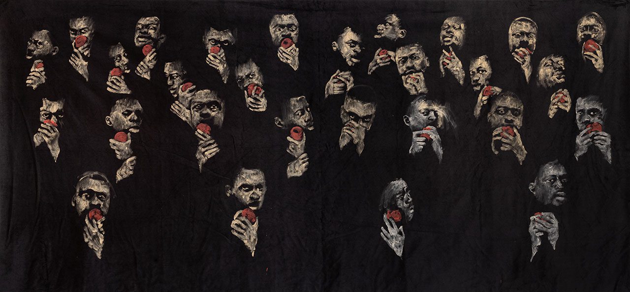 Roméo Mivekannin, D’après La couleur de la grenade, Sergueï Paradjanov (1969), 2024, acrylic on black velvet, 150 x 300 cm
