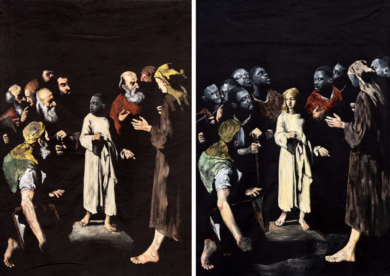 Left : Roméo Mivekannin, D'après Jésus et les docteurs, Théodule Ribot (1879), 2024, acrylic on black velvet, 200 x 140 cm Right : Roméo Mivekannin, D'après Jésus et les docteurs, Théodule Ribot (1879), 2024, acrylic on black velvet, 200 x 140 cm