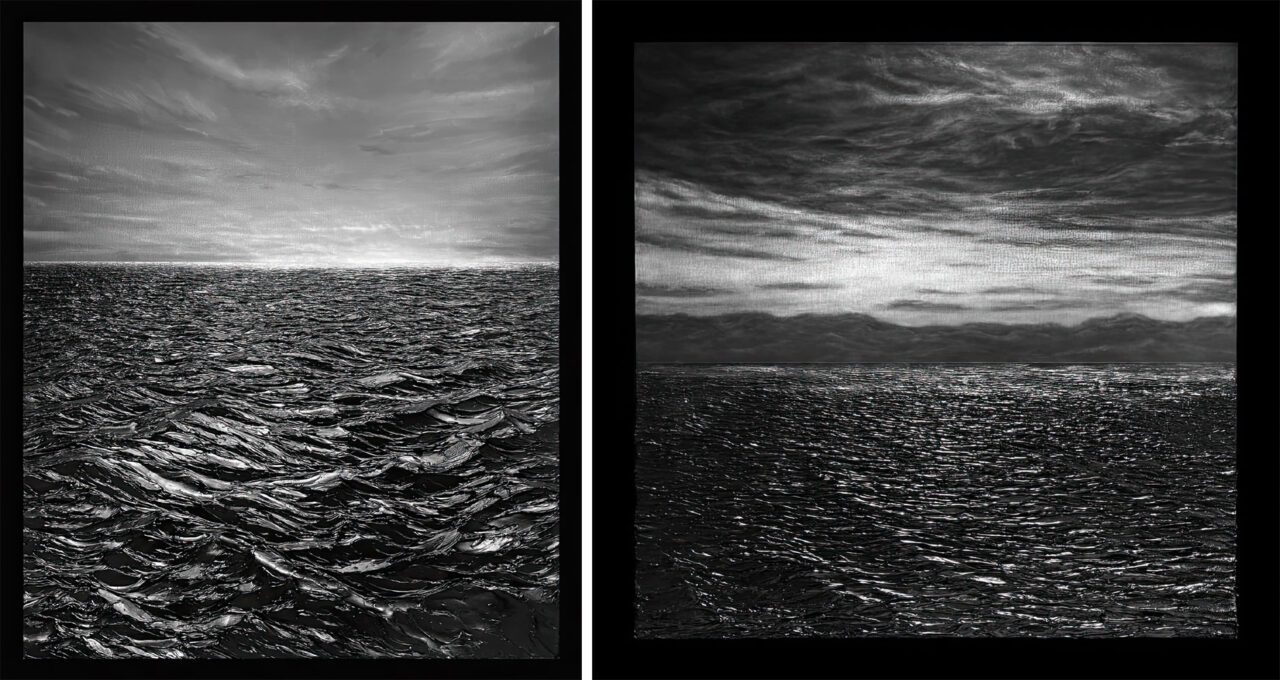 Left: Bao Vuong, The Crossing 302, 2025, oil and acrylic, aluminium powder and wax on canvas, 140 x 220 cm , 55.12 x 86.61 in, © Bao Vuong, Courtesy the artist and Ceysson & Bénétière GalleryRight: Bao Vuong, The Crossing 305, 2025, oil and acrylic, aluminium powder and wax on canvas, 50 x 50cm, 19.69 x 19.69 in , © Bao Vuong, Courtesy the artist and Ceysson & Bénétière Gallery