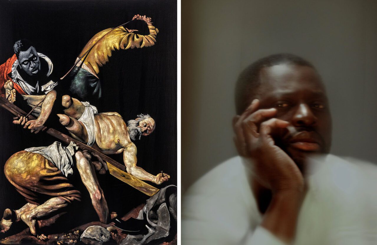Left: Roméo Mivekannin, D'après Le crucifiement de Saint Pierre, Le Caravage (1600), 2024, acrylic on black velvet, 200 x 140 cm Right: Portrait of Roméo Mivekannin, Photo. Elliot Verdier