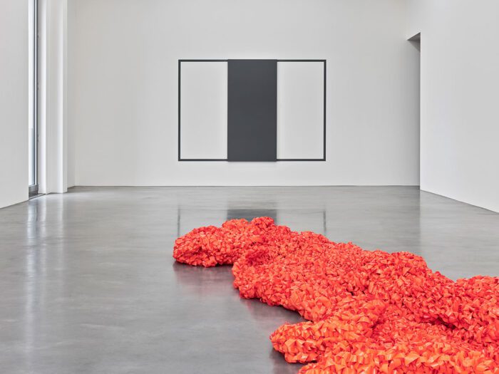 From the Taste of an Apple, 2023, installation view with works by Andrea Ostermeyer (floor) and Alan Charlton (wall), © PEAC Museum, Photo: Bernhard Strauss