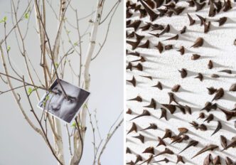Photo Left: Giuseppe Penone, Sguardo vegetale (Vegetal Gaze), 1995. Photo ceramic. ©Photo: George Darrell. Courtesy Giuseppe Penone and Serpentine. Photo Right: Giuseppe Penone, A occhi chiusi (With Eyes Closed), 2009. Acrylic, glass microspheres, acacia thorns on canvas, and white Carrara marble. Photo © Archivio Penone. Courtesy Giuseppe Penone