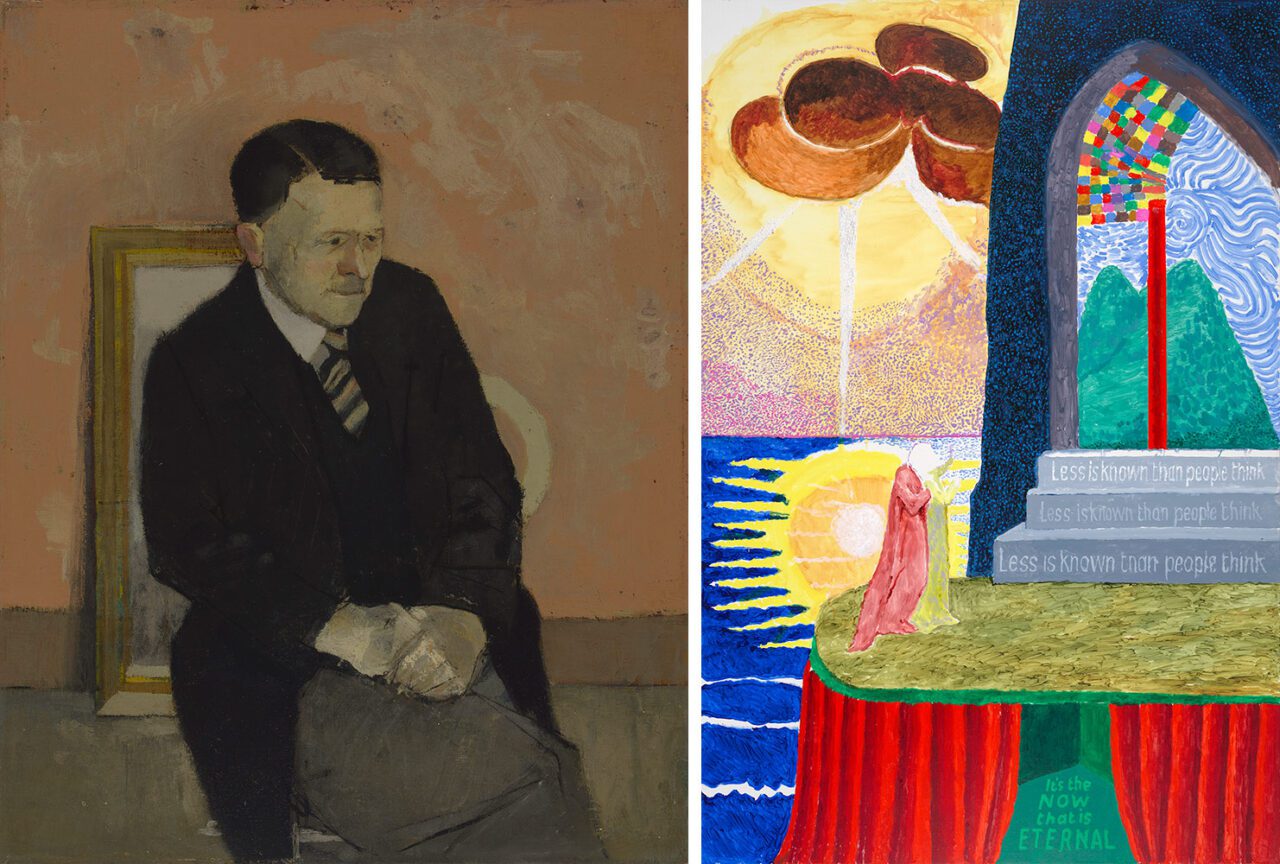 Left: David Hockney, Portrait of My Father, 1955, Oil on canvas, 50.8 x 40.6 cm (20 x 16 Inches), © David Hockney, Photo Credit: Richard Schmidt, The David Hockney Foundation Right: David Hockney, After Blake: Less is Known that People Think, 2024, Acrylic on canvas, 72 x 48", © David Hockney, Photo Credit: Jonathan Wilkinson